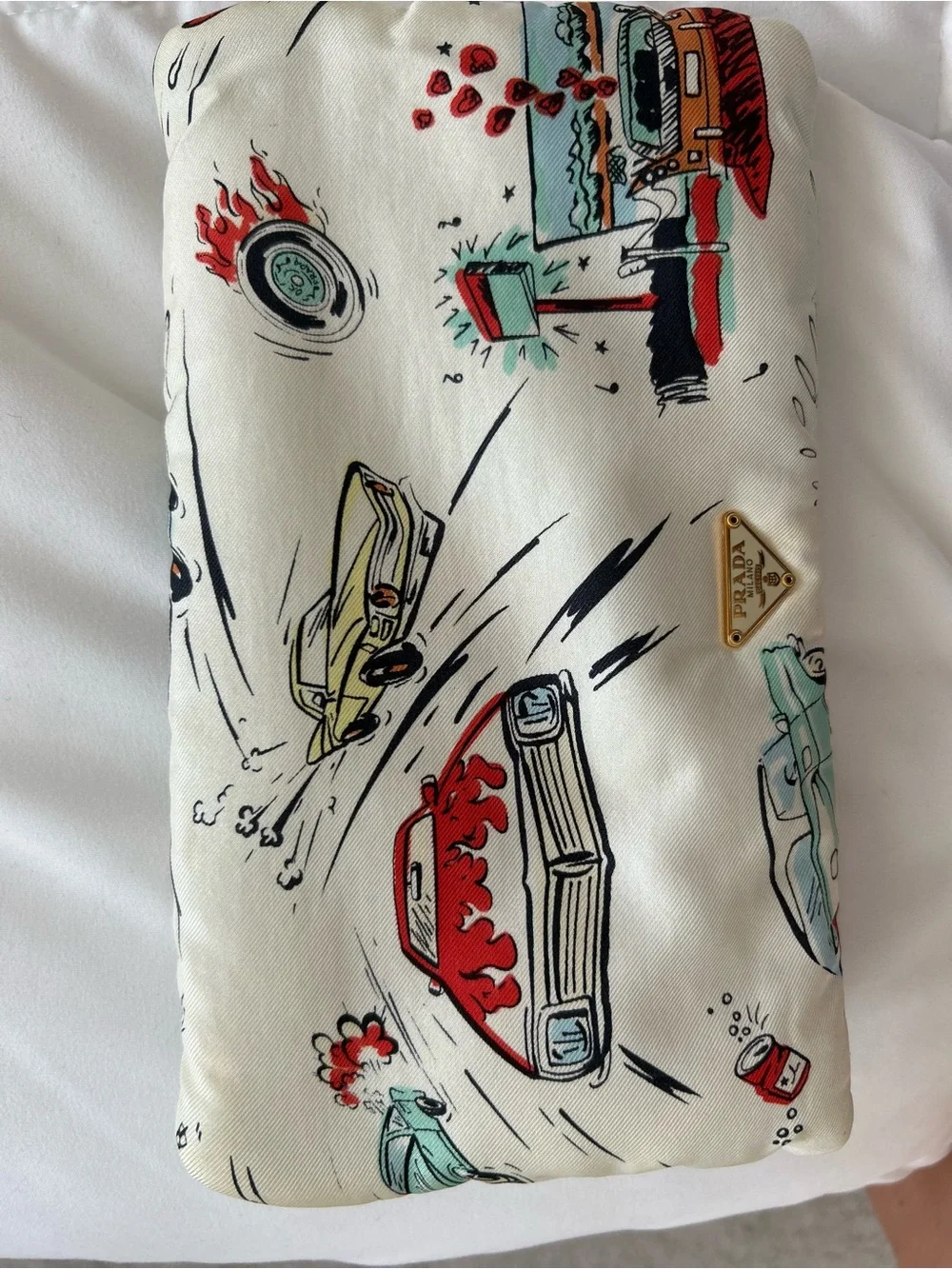 Prada Cream Silk Automotive Print Accent Pillow with Red & Teal Details
